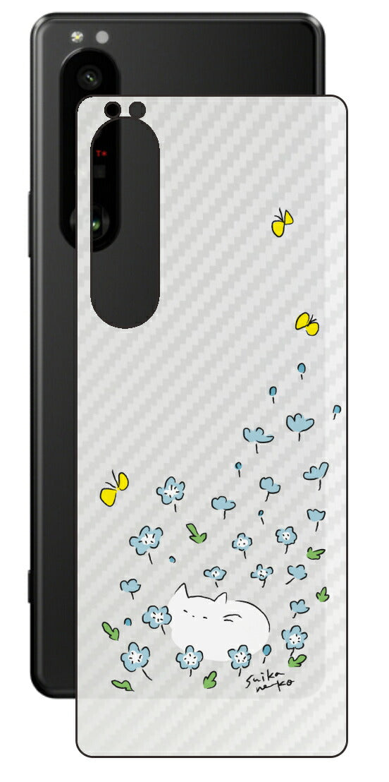 Sony Xperia 1 III用 【コラボ プリント Design by すいかねこ 010 】 カーボン調 背面 保護 フィルム 日本製