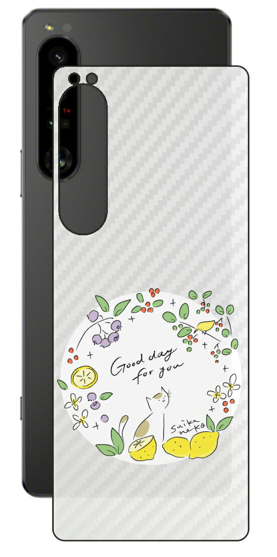 Sony Xperia 1 IV用 【コラボ プリント Design by すいかねこ 002 】 カーボン調 背面 保護 フィルム 日本製