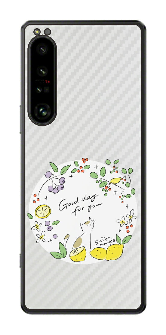 Sony Xperia 1 IV用 【コラボ プリント Design by すいかねこ 002 】 カーボン調 背面 保護 フィルム 日本製