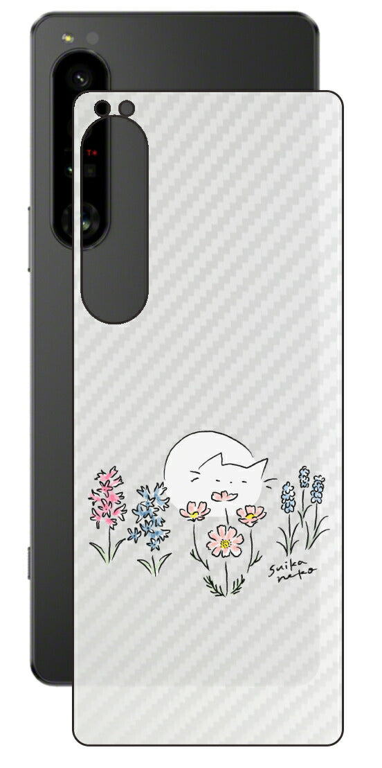 Sony Xperia 1 IV用 【コラボ プリント Design by すいかねこ 003 】 カーボン調 背面 保護 フィルム 日本製