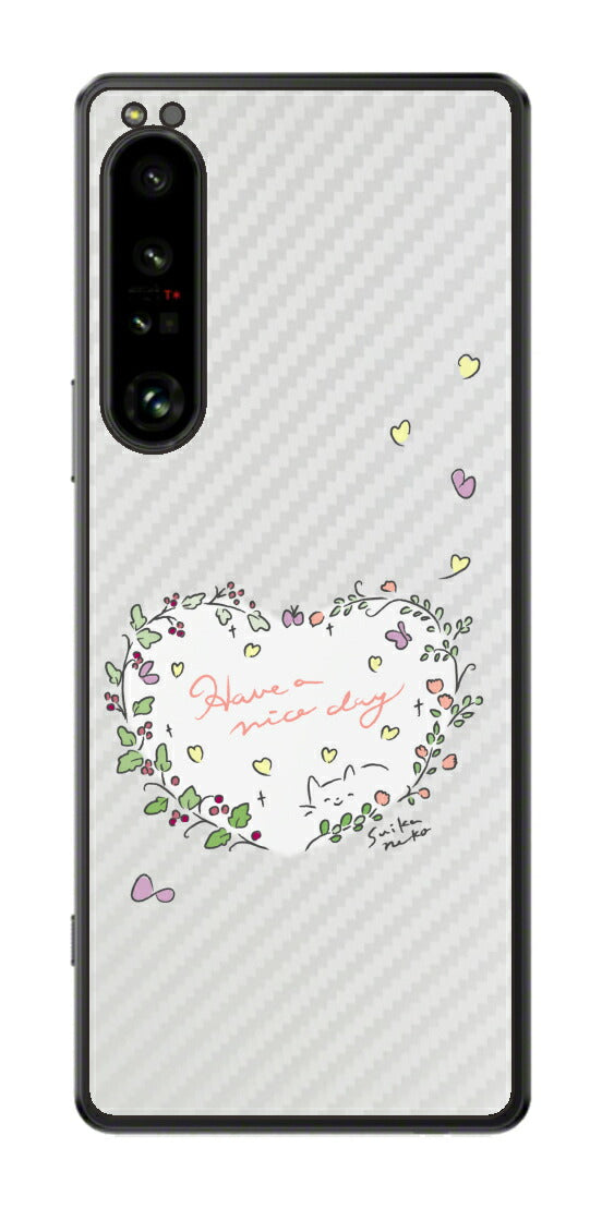 Sony Xperia 1 IV用 【コラボ プリント Design by すいかねこ 007 】 カーボン調 背面 保護 フィルム 日本製