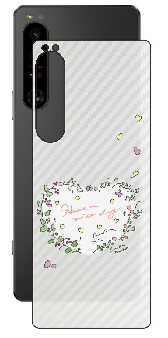Sony Xperia 1 IV用 【コラボ プリント Design by すいかねこ 007 】 カーボン調 背面 保護 フィルム 日本製