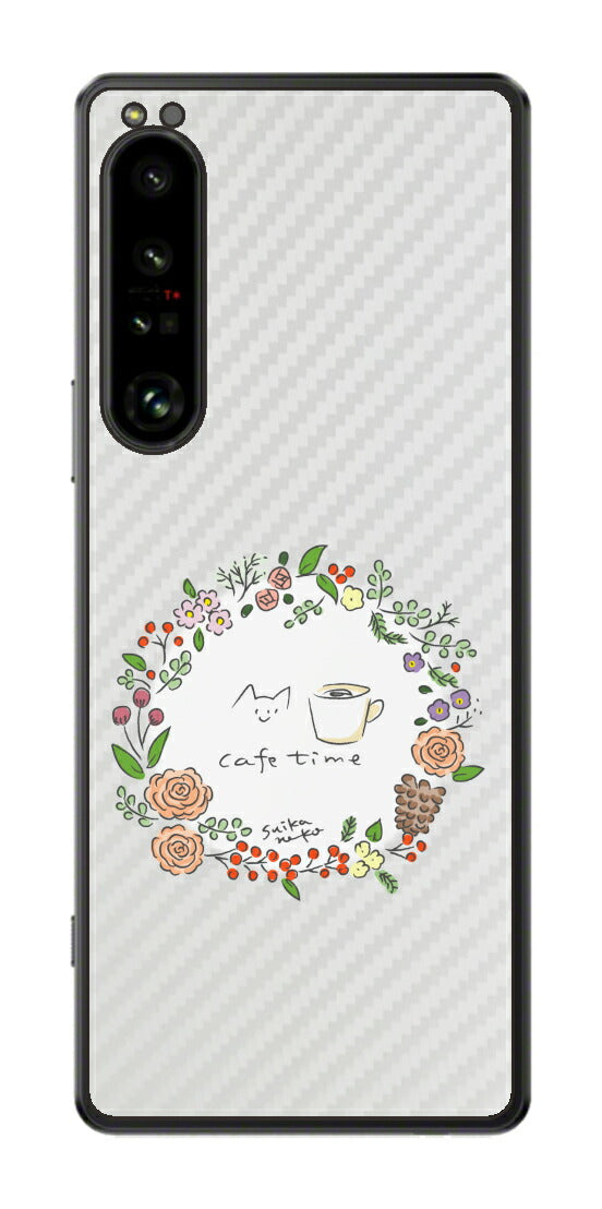 Sony Xperia 1 IV用 【コラボ プリント Design by すいかねこ 008 】 カーボン調 背面 保護 フィルム 日本製