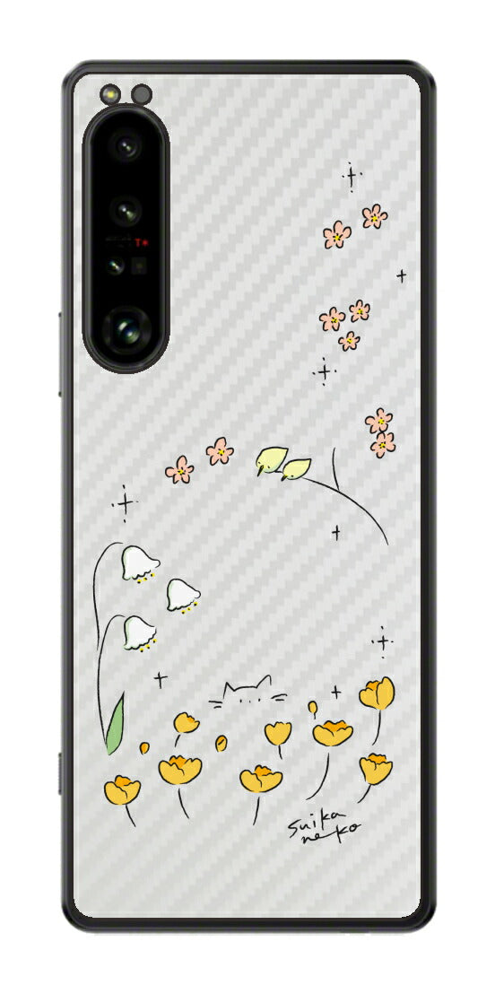 Sony Xperia 1 IV用 【コラボ プリント Design by すいかねこ 009 】 カーボン調 背面 保護 フィルム 日本製