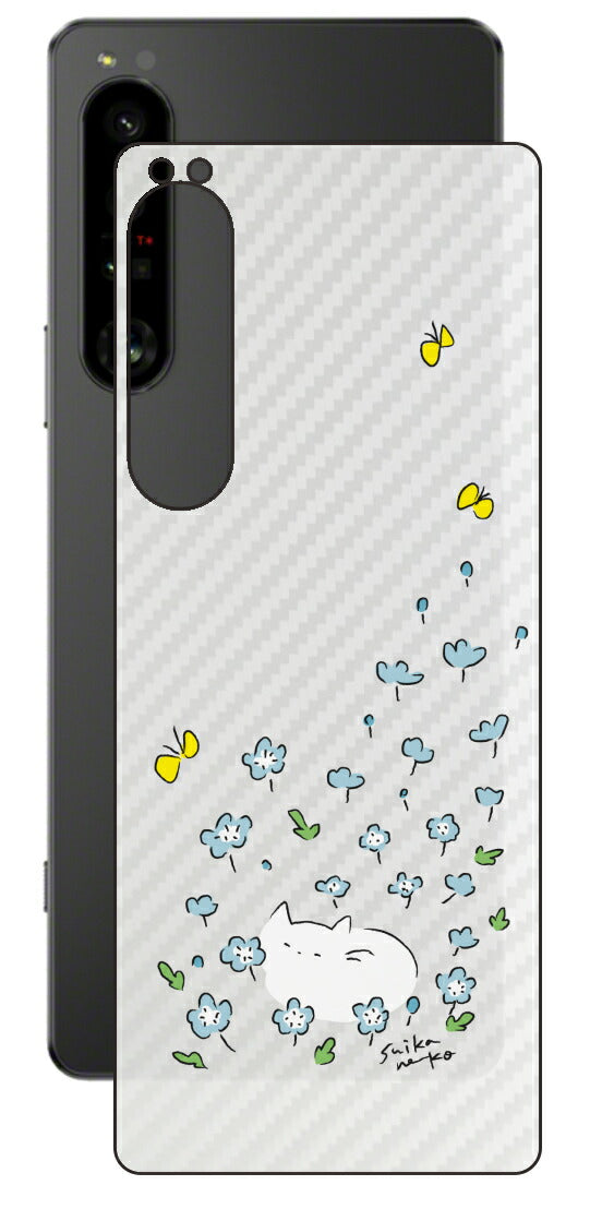 Sony Xperia 1 IV用 【コラボ プリント Design by すいかねこ 010 】 カーボン調 背面 保護 フィルム 日本製