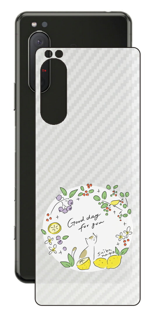 Sony Xperia 5 II用 【コラボ プリント Design by すいかねこ 002 】 カーボン調 背面 保護 フィルム 日本製