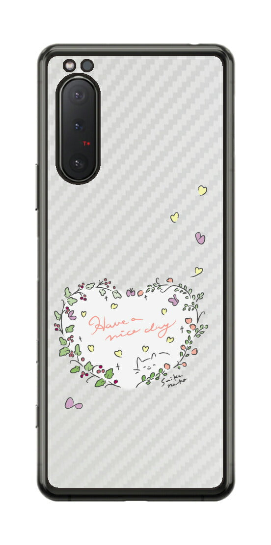 Sony Xperia 5 II用 【コラボ プリント Design by すいかねこ 007 】 カーボン調 背面 保護 フィルム 日本製