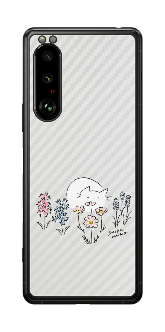 Sony Xperia 5 III用 【コラボ プリント Design by すいかねこ 003 】 カーボン調 背面 保護 フィルム 日本製