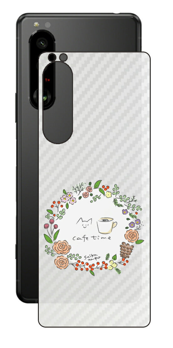 Sony Xperia 5 III用 【コラボ プリント Design by すいかねこ 008 】 カーボン調 背面 保護 フィルム 日本製