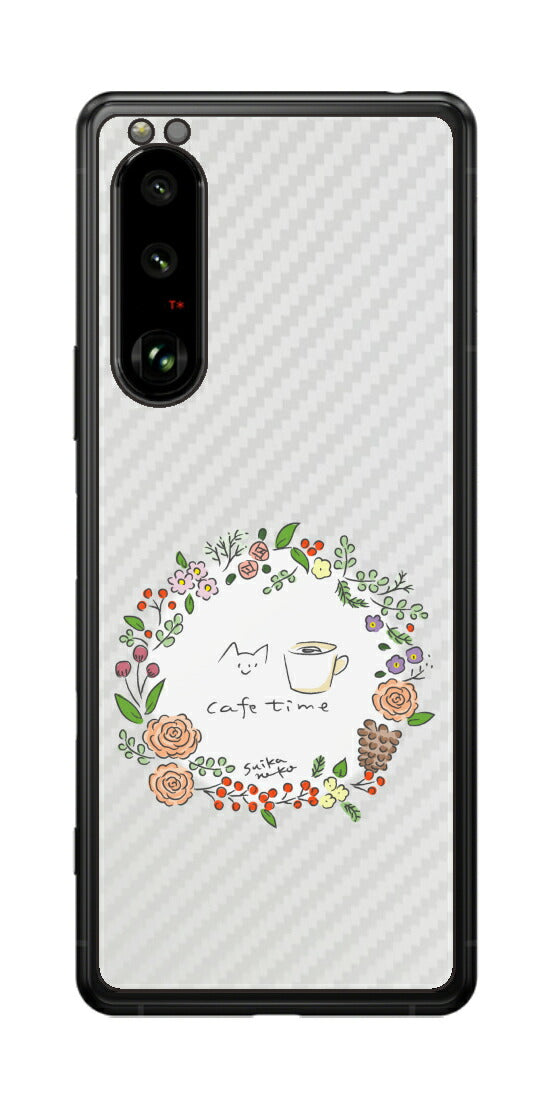 Sony Xperia 5 III用 【コラボ プリント Design by すいかねこ 008 】 カーボン調 背面 保護 フィルム 日本製