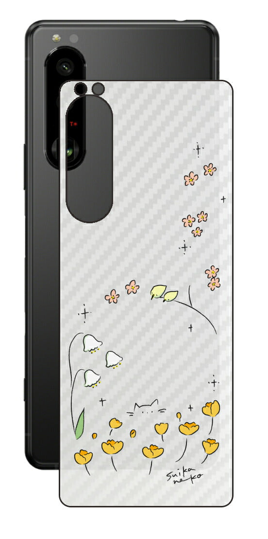 Sony Xperia 5 III用 【コラボ プリント Design by すいかねこ 009 】 カーボン調 背面 保護 フィルム 日本製
