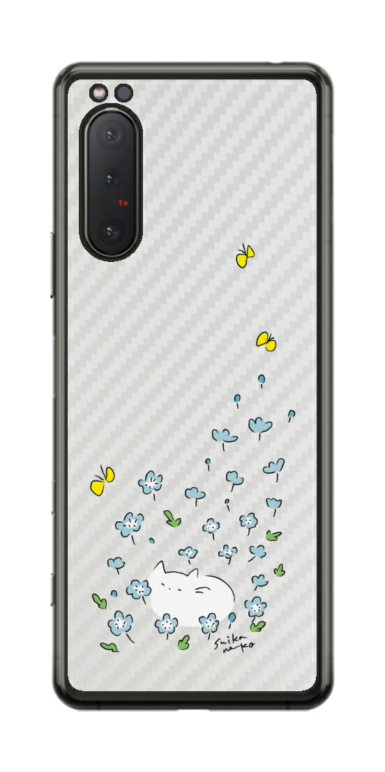 Sony Xperia 5 III用 【コラボ プリント Design by すいかねこ 010 】 カーボン調 背面 保護 フィルム 日本製