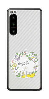 Sony Xperia 5 IV用 【コラボ プリント Design by すいかねこ 002 】 カーボン調 背面 保護 フィルム 日本製
