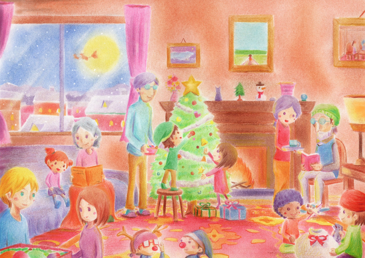 Xmas present ハンドメイドパステル画　絵画アート原画 絵画】Blue X`mas《メッセージ/ポストカード付》パステルアート
