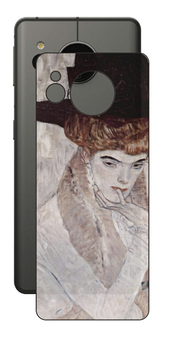 シャープ AQUOS sense7用 背面 保護 フィルム 名画プリント グスタフ クリムト 黒の羽根帽子