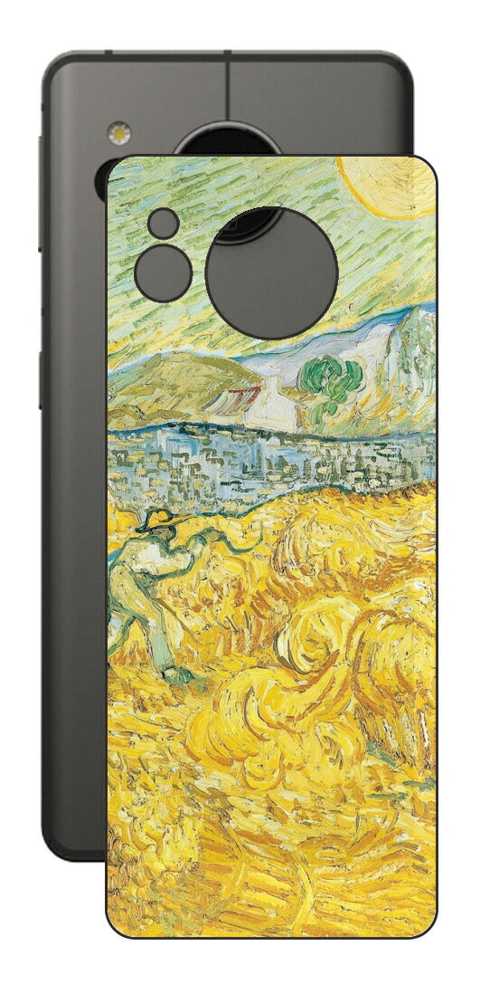 AQUOS sense7用 背面 保護 フィルム 名画 プリント ゴッホ サンポール病院の後ろの小麦畑と刈り取り機（ フィンセント ファン ゴッホ Vincent Willem van Gogh ）