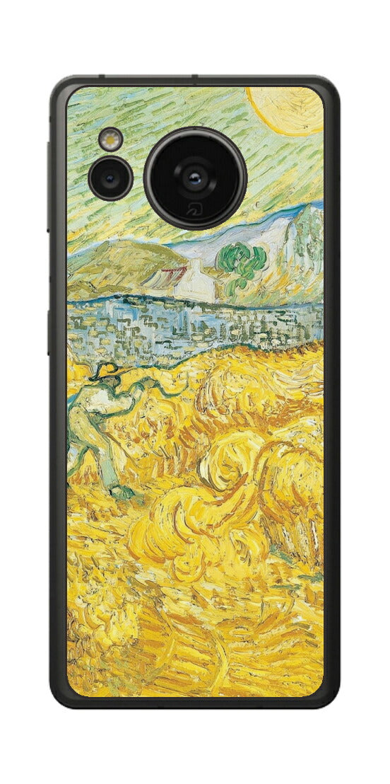 AQUOS sense7用 背面 保護 フィルム 名画 プリント ゴッホ サンポール病院の後ろの小麦畑と刈り取り機（ フィンセント ファン ゴッホ Vincent Willem van Gogh ）