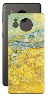 AQUOS sense7 plus用 背面 保護 フィルム 名画 プリント ゴッホ サンポール病院の後ろの小麦畑と刈り取り機（ フィンセント ファン ゴッホ Vincent Willem van Gogh ）