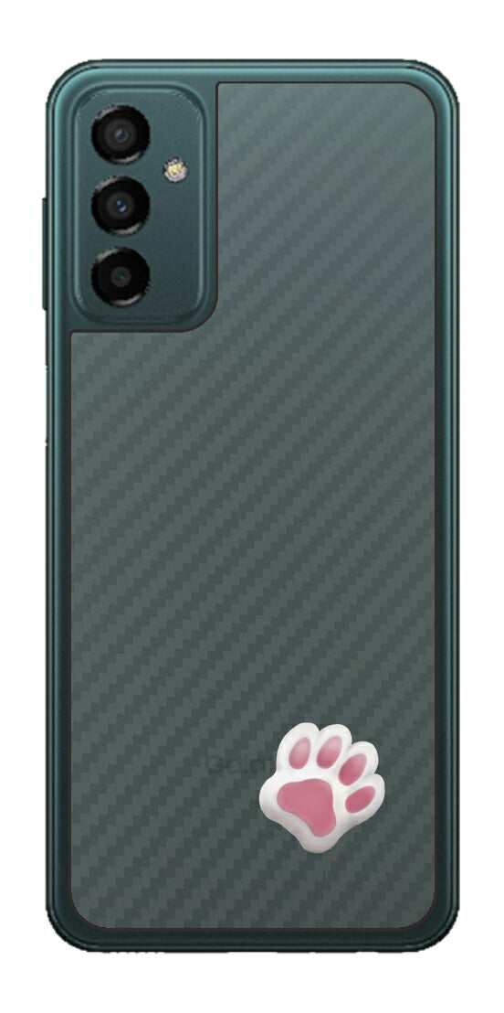 サムスン Galaxy M23 5G用 カーボン調 肉球 イラスト プリント 背面保護フィルム 日本製 [なんちゃって ぷくぷく ホワイト/ピンク]