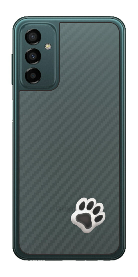 サムスン Galaxy M23 5G用 カーボン調 肉球 イラスト プリント 背面保護フィルム 日本製 [なんちゃって ぷくぷく ホワイト/ブラック]