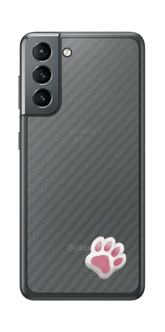 サムスン Galaxy S21 5G用 カーボン調 肉球 イラスト プリント 背面保護フィルム 日本製 [なんちゃって ぷくぷく ホワイト/ピンク]