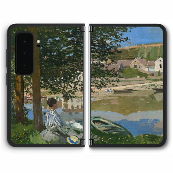 【背面左右2ヶ所】 Surface Duo 2用 背面 保護 フィルム 名画プリント クロード・モネ （ Claude Monet ) セーヌ河岸、ベンヌクール