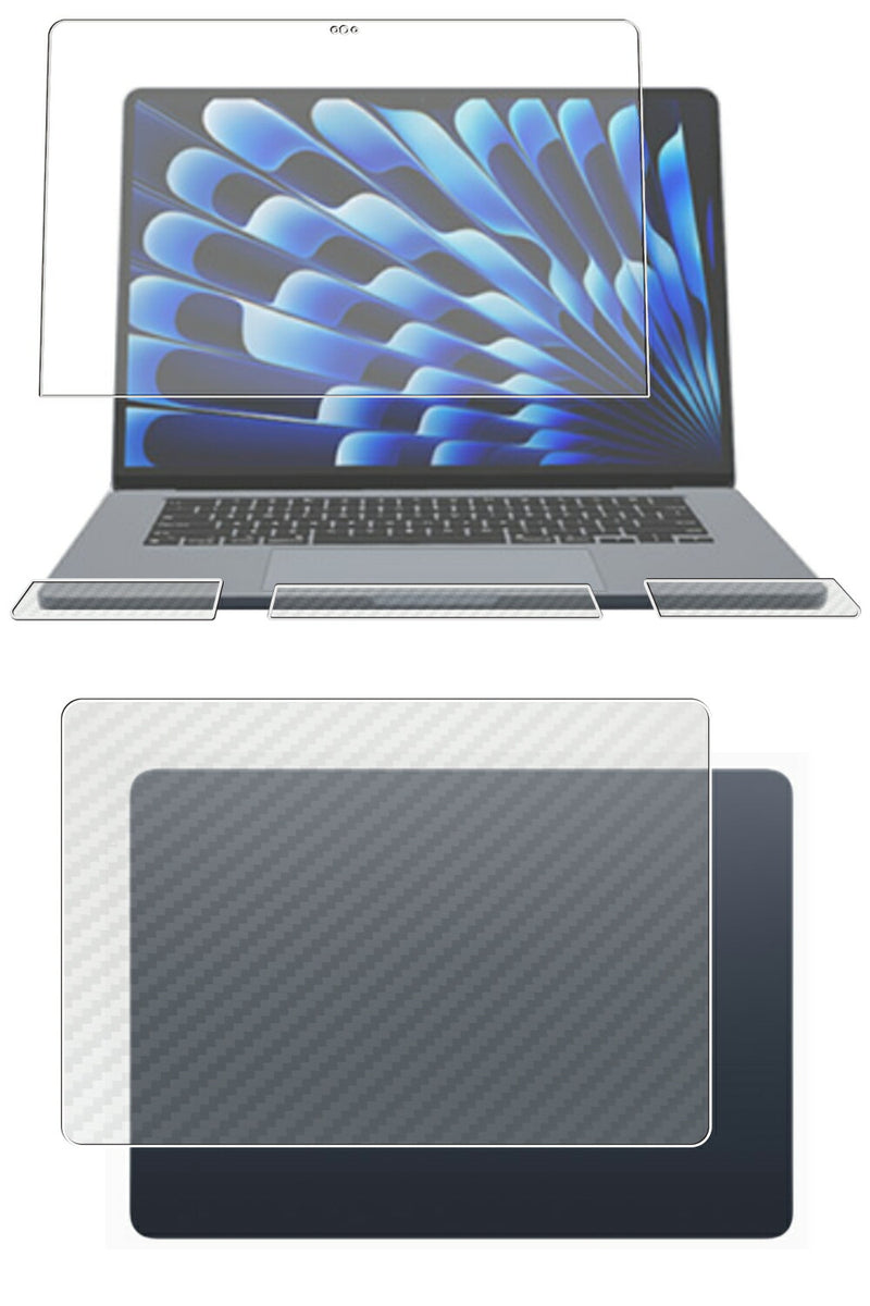 【4点セット(画面+天板+パームレスト+タッチパッド)】ClearView MacBook Air 15.3インチ 2023 M2用【 高硬度9H アンチグレア 】液晶 保護 フィルム 反射防止！ 高硬度9Hフィルム＋カーボン調 天板保護フィルム 日本製