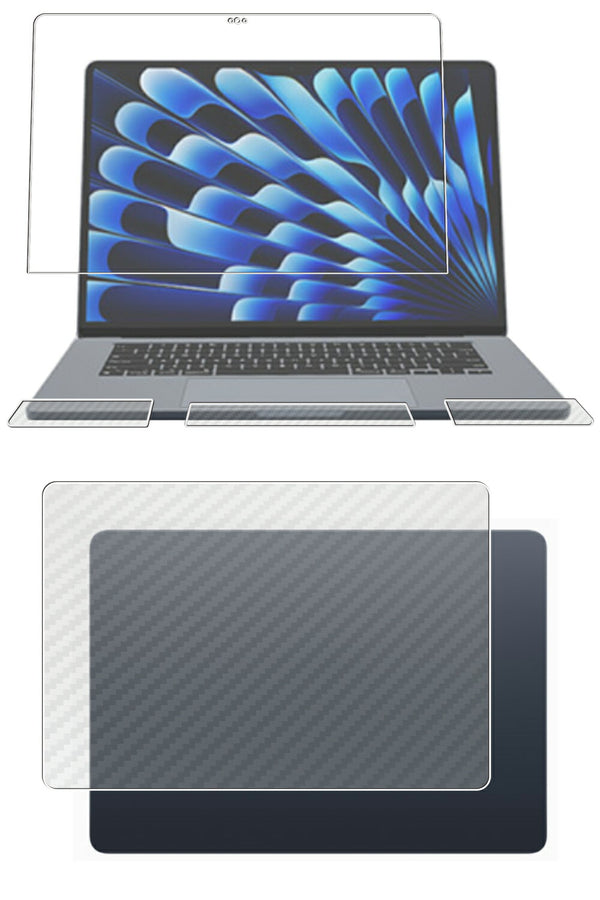 【4点セット(画面+天板+パームレスト+タッチパッド)】ClearView MacBook Air 15.3インチ 2023 M2用【 超撥水 すべすべ 抗菌 抗ウイルス 】液晶 保護 フィルム＋カーボン調 天板保護フィルム 日本製