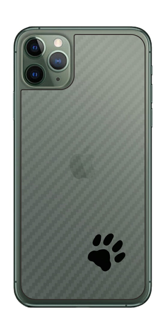 iPhone 11 Pro Max用 カーボン調 肉球 イラスト プリント 背面保護フィルム 日本製 [ワンポイント ブラック]