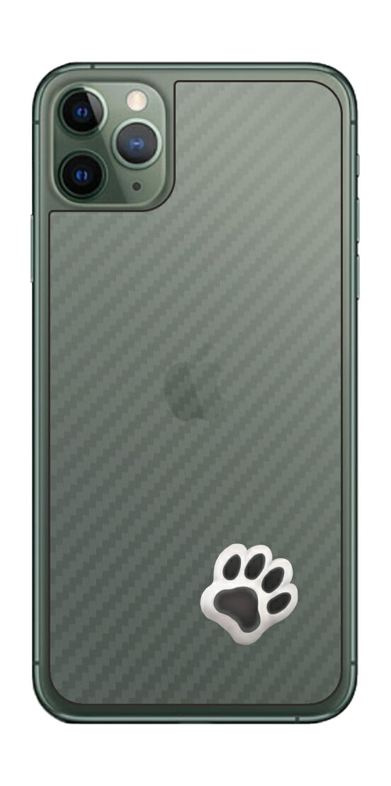 iPhone 11 Pro Max用 カーボン調 肉球 イラスト プリント 背面保護フィルム 日本製 [なんちゃって ぷくぷく ホワイト/ブラック]