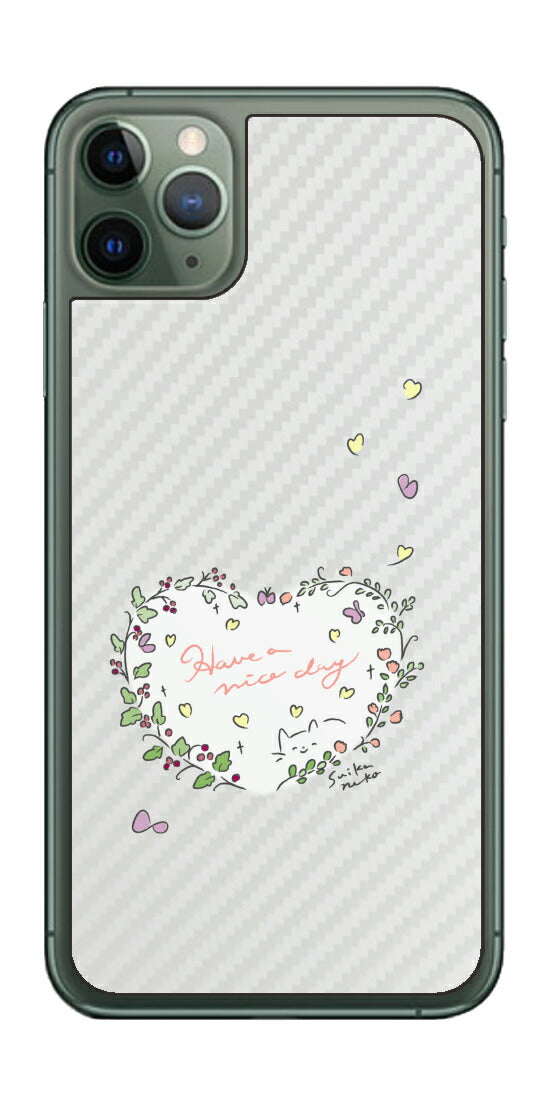 iPhone 11 Pro Max用 【コラボ プリント Design by すいかねこ 007 】 カーボン調 背面 保護 フィルム 日本製