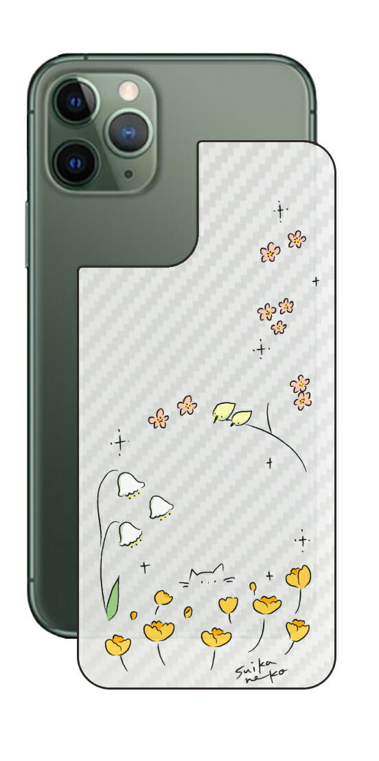 iPhone 11 Pro用 【コラボ プリント Design by すいかねこ 009 】 カーボン調 背面 保護 フィルム 日本製