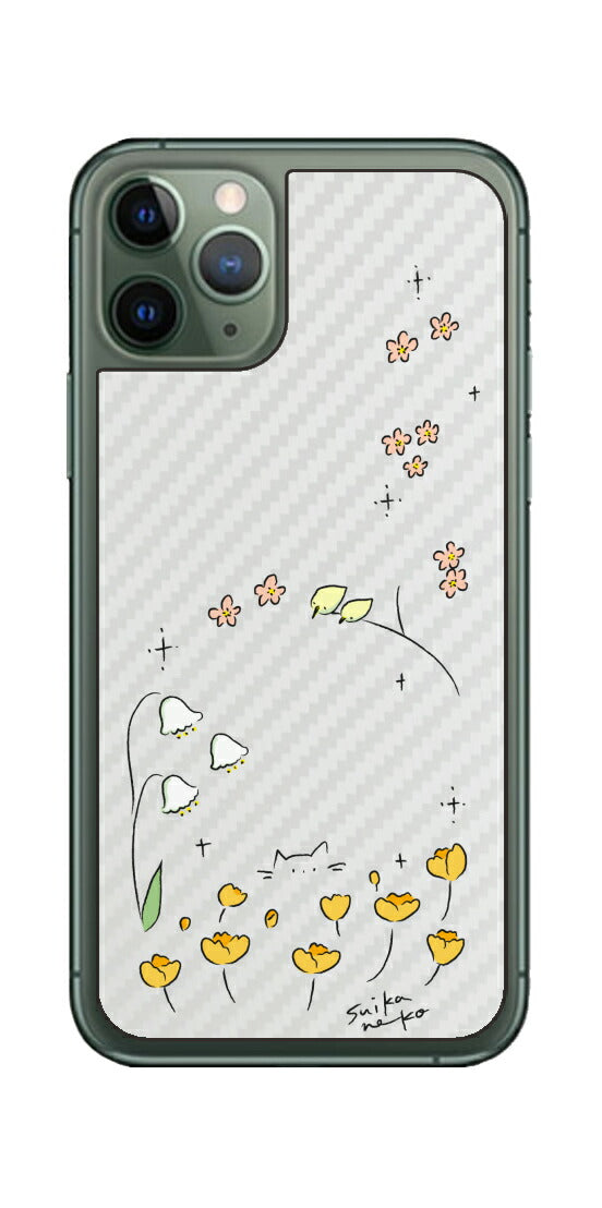 iPhone 11 Pro用 【コラボ プリント Design by すいかねこ 009 】 カーボン調 背面 保護 フィルム 日本製