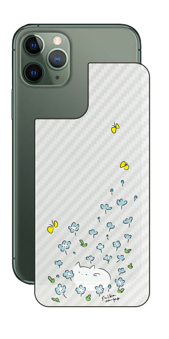 iPhone 11 Pro用 【コラボ プリント Design by すいかねこ 010 】 カーボン調 背面 保護 フィルム 日本製