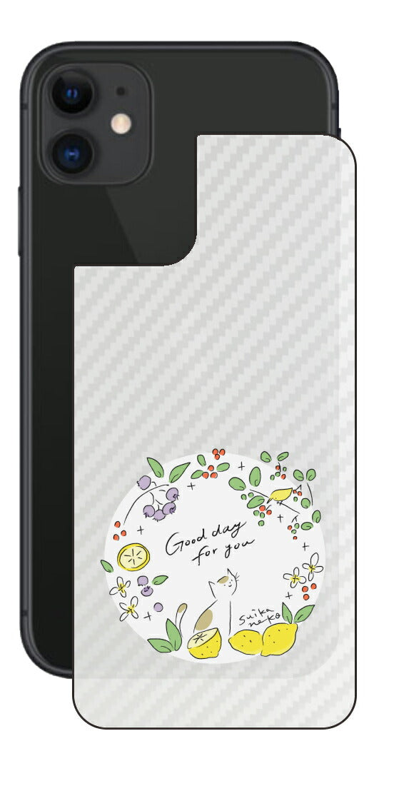 iPhone 11用 【コラボ プリント Design by すいかねこ 002 】 カーボン調 背面 保護 フィルム 日本製