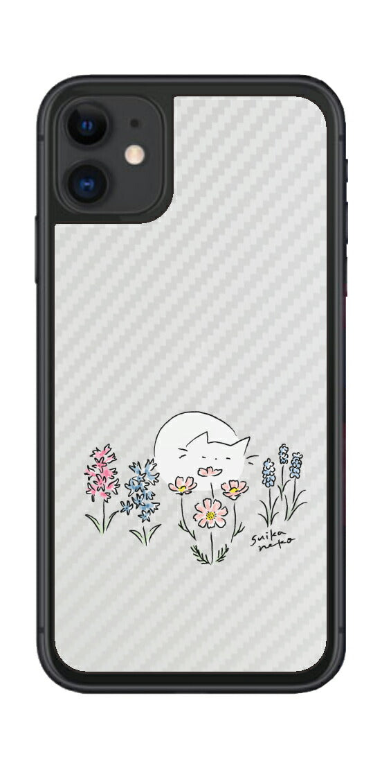 iPhone 11用 【コラボ プリント Design by すいかねこ 003 】 カーボン調 背面 保護 フィルム 日本製