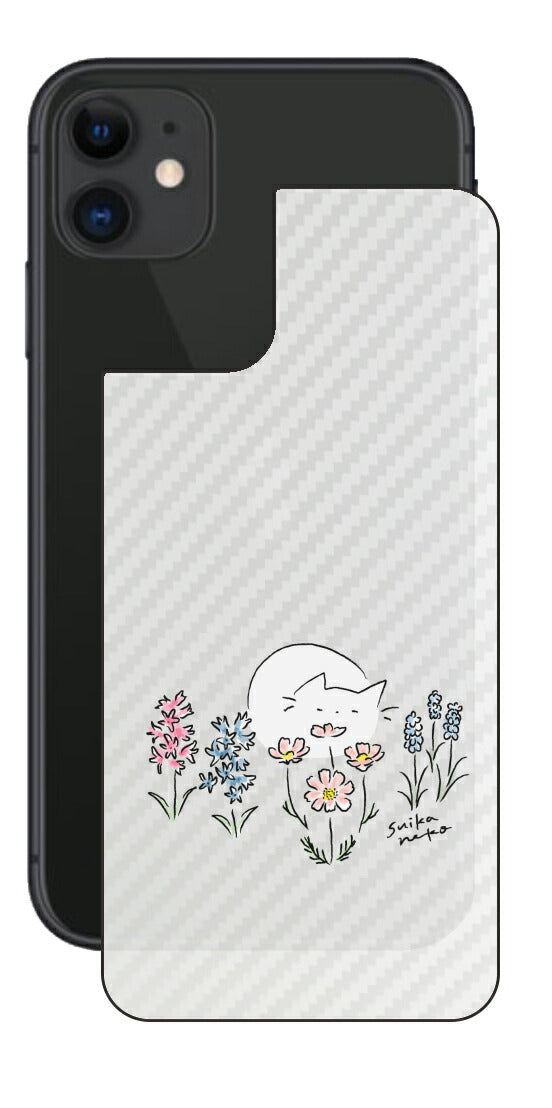 iPhone 11用 【コラボ プリント Design by すいかねこ 003 】 カーボン調 背面 保護 フィルム 日本製