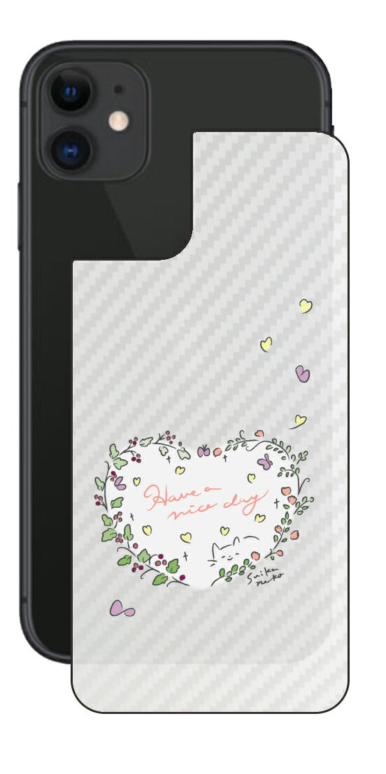 iPhone 11用 【コラボ プリント Design by すいかねこ 007 】 カーボン調 背面 保護 フィルム 日本製