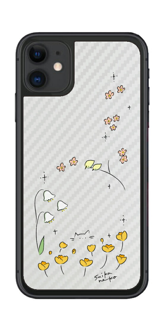 iPhone 11用 【コラボ プリント Design by すいかねこ 009 】 カーボン調 背面 保護 フィルム 日本製