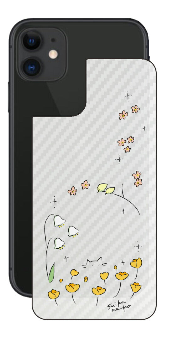iPhone 11用 【コラボ プリント Design by すいかねこ 009 】 カーボン調 背面 保護 フィルム 日本製