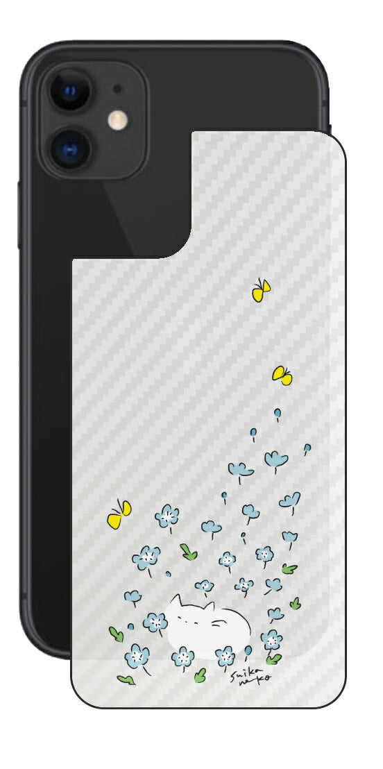 iPhone 11用 【コラボ プリント Design by すいかねこ 010 】 カーボン調 背面 保護 フィルム 日本製