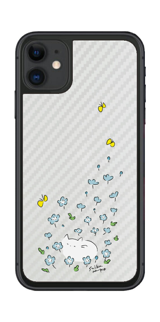 iPhone 11用 【コラボ プリント Design by すいかねこ 010 】 カーボン調 背面 保護 フィルム 日本製