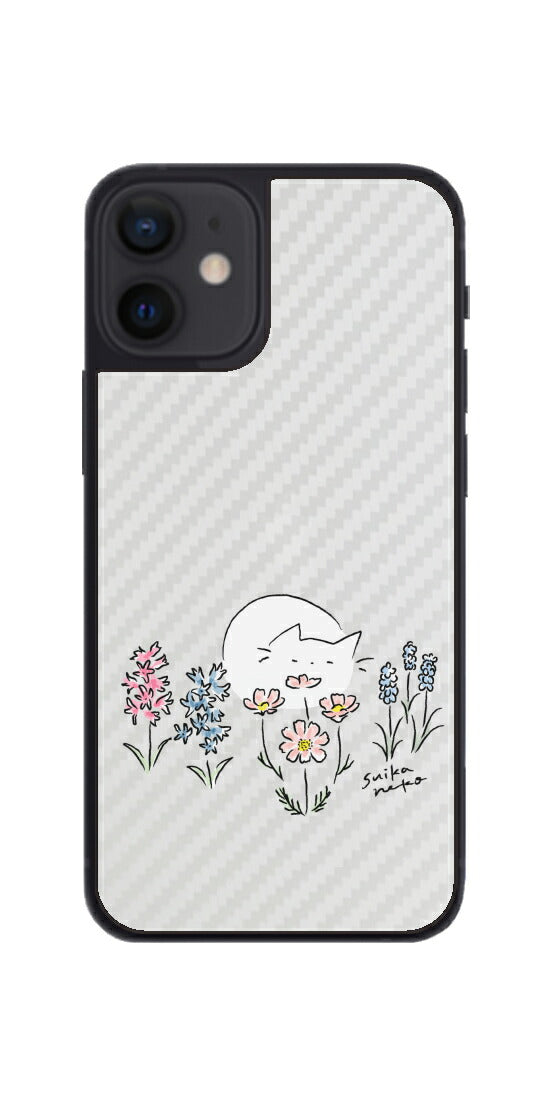 iPhone 12 mini用 【コラボ プリント Design by すいかねこ 003 】 カーボン調 背面 保護 フィルム 日本製