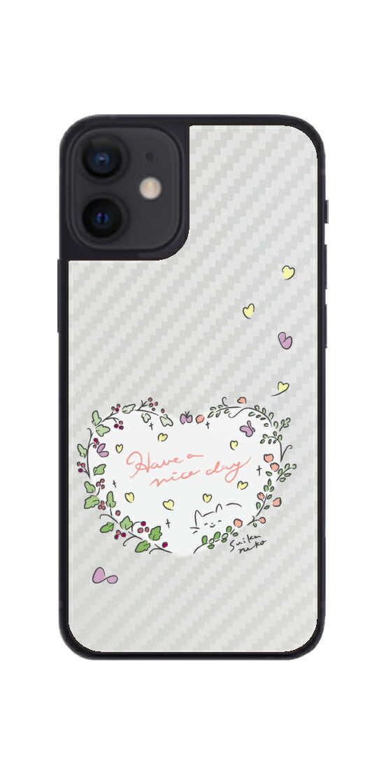 iPhone 12 mini用 【コラボ プリント Design by すいかねこ 007 】 カーボン調 背面 保護 フィルム 日本製