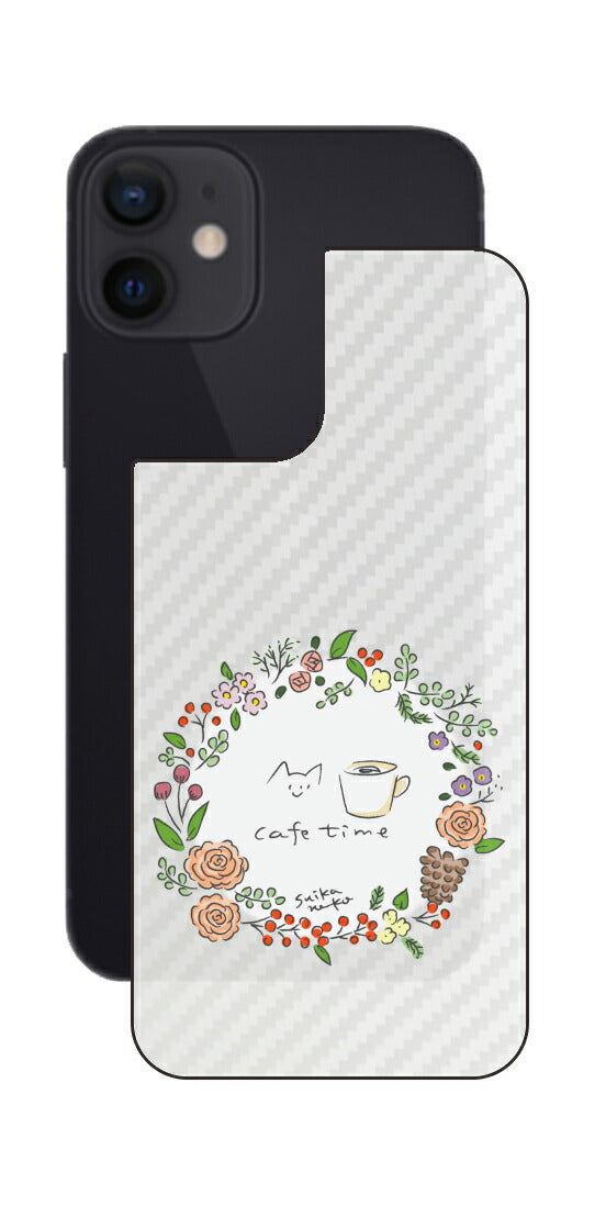 iPhone 12 mini用 【コラボ プリント Design by すいかねこ 008 】 カーボン調 背面 保護 フィルム 日本製