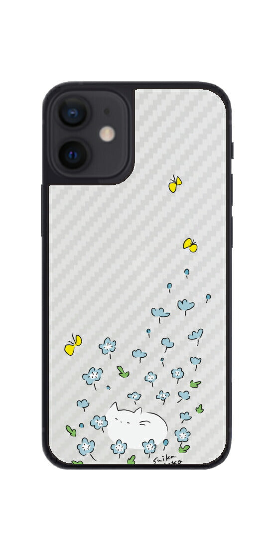 iPhone 12 mini用 【コラボ プリント Design by すいかねこ 010 】 カーボン調 背面 保護 フィルム 日本製