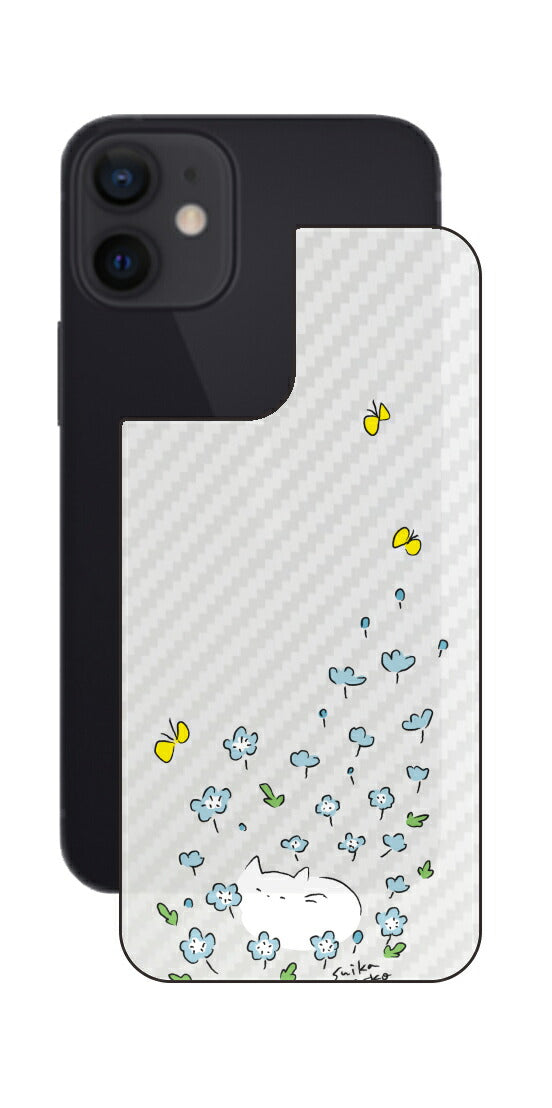 iPhone 12 mini用 【コラボ プリント Design by すいかねこ 010 】 カーボン調 背面 保護 フィルム 日本製