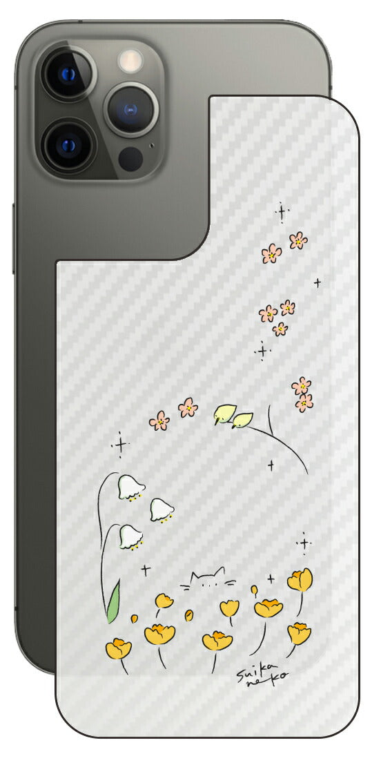 iPhone 12 Pro Max用 【コラボ プリント Design by すいかねこ 009 】 カーボン調 背面 保護 フィルム 日本製