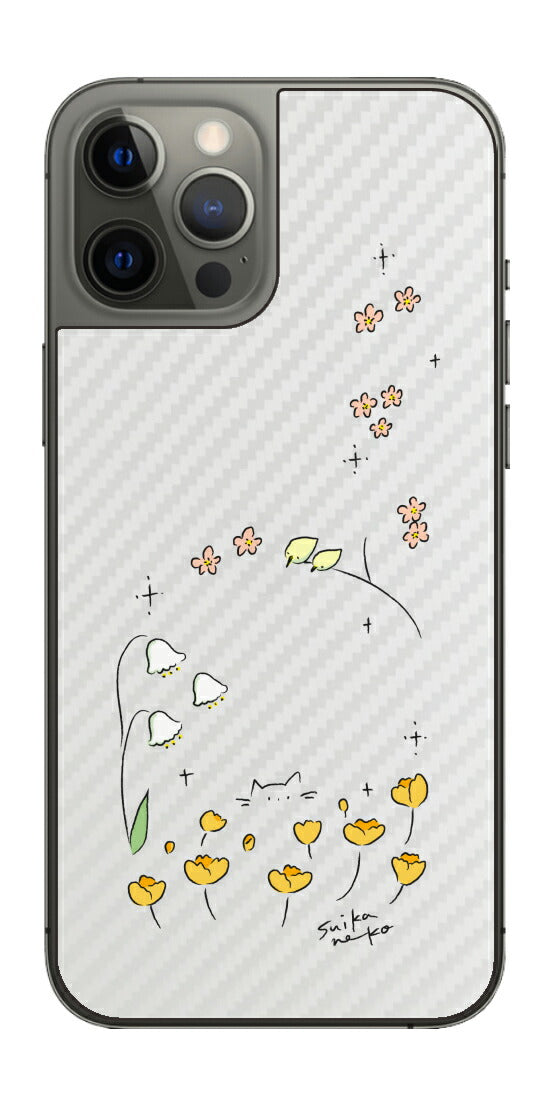 iPhone 12 Pro Max用 【コラボ プリント Design by すいかねこ 009 】 カーボン調 背面 保護 フィルム 日本製