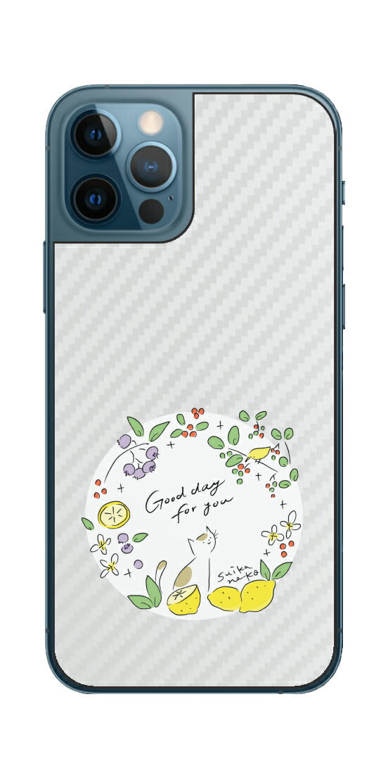 iPhone 12 Pro / iPhone 12用 【コラボ プリント Design by すいかねこ 002 】 カーボン調 背面 保護 フィルム 日本製